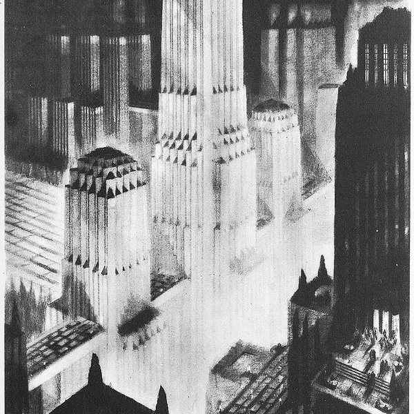 Hugh Ferriss, Crowding Towers, from The Metropolis of Tomorrow, 1929 (detail)