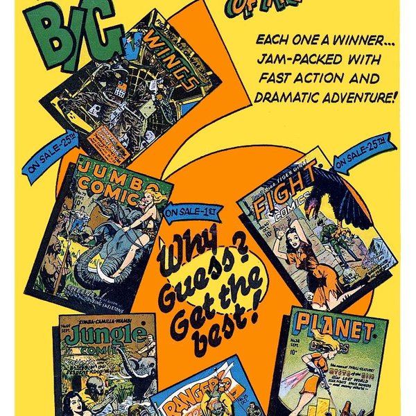 Fiction House house ad with Golden Age comic book covers, 1940s (detail)